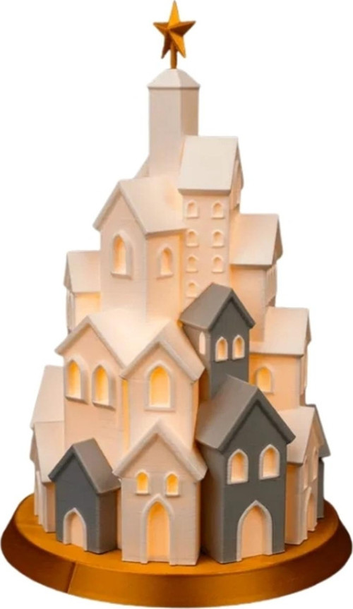 Yılbaşı - 19 cm Kış Temalı Dekoratif Kış Evleri - Kar Temalı Gece Lambası - LED Mum Dahil - 3D Baskı