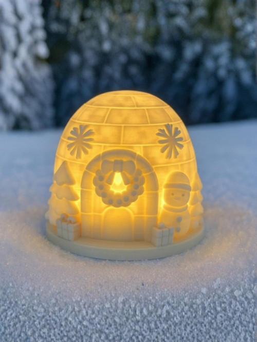 Yılbaşı - 9 cm İglo Kış Köyü Işıklı Figürü - LED Mum Dahil Dekorasyon - Masaüstü - 3D Baskı