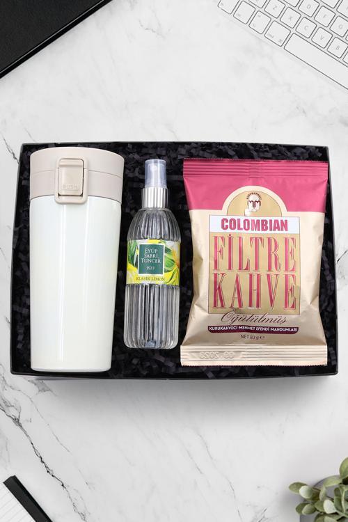 350 Ml Kilitli Beyaz Termos & Colombian Filtre Kahve & 150Ml Eyüp Sabri Tuncer Kolonya Hediye Seti