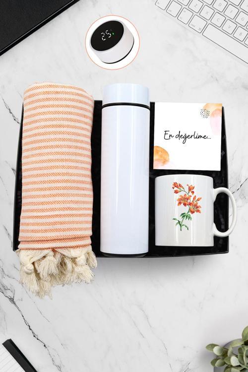 500 Ml Beyaz Dereceli Termos & Peştemal & Turuncu Çiçekli Kupa Hediye Seti