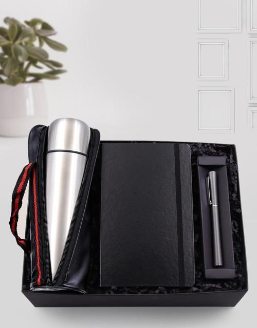 500 Ml Deri Çantalı Gri Çelik Termos & Siyah Defter & Gri Renk Roller Kalem Hediye Seti
