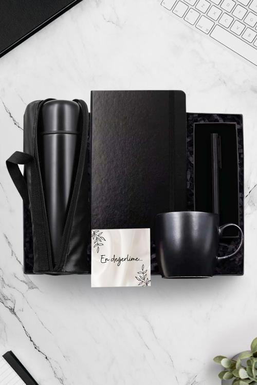 500 Ml Deri Çantalı Termos & Siyah Kupa & Siyah Defter & Siyah Roller Kalem Hediye Seti