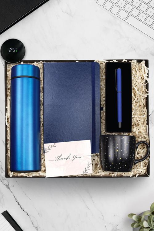 500 Ml Mavi Dereceli Termos & Mavi Defter-Yıldızlı Siyah Mat Kupa-Mavi Mat Roller Kalem Hediye Seti