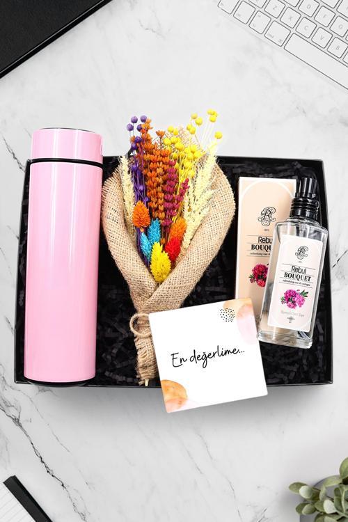 500 Ml Pembe Dereceli Termos & El Yapımı Buket Çiçek & Bouquet Kolonya Hediye Seti