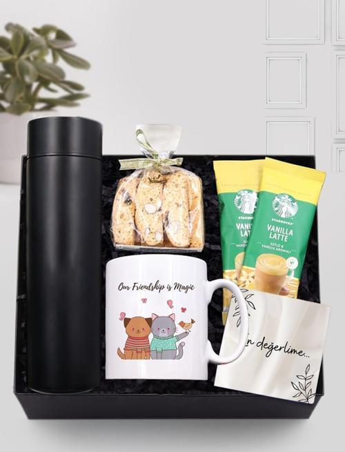 500 Ml Siyah Dereceli Termos & Tasarımlı Kupa & 2'Li Starbucks Kahve & Bademli Kurabiye Hediye Seti
