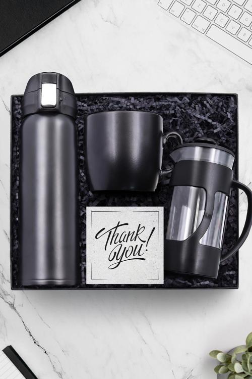 500 Ml Siyah Kilitli Çelik Termos & Siyah French Press & Siyah Kupa Hediye Seti