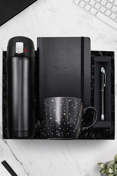 500 Ml Siyah Kilitli Termos-Yıldız Desenli Kupa-Siyah Defter-Gümüş Detaylı Roller Kalem Hediye Seti