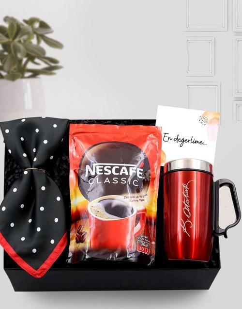 Atatürk İmzalı Kulplu Kırmızı Çelik Termos & Nescafe Classic & Puantiyeli Fular Hediye Seti