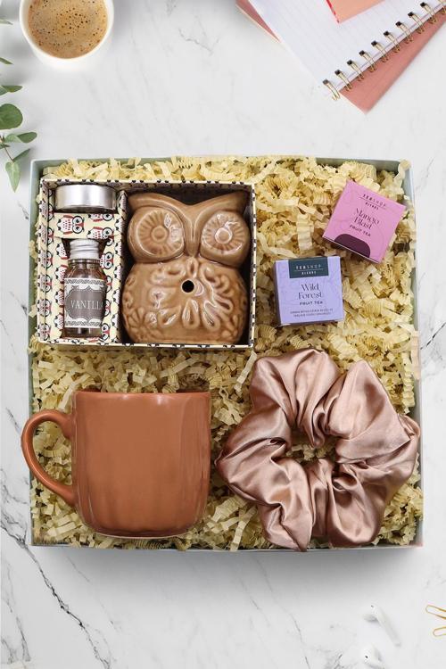 Baykuş Buhurdanlık & Kahverengi Kupa & Saten Toka & 2'Li Teashop Bitki Çayı Hediye Seti
