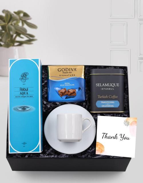 Beyaz Fincan-Godiva Çikolata-Rebul Aqua Erkek Kolonya-Selamlıque Türk Kahvesi Hediye Seti