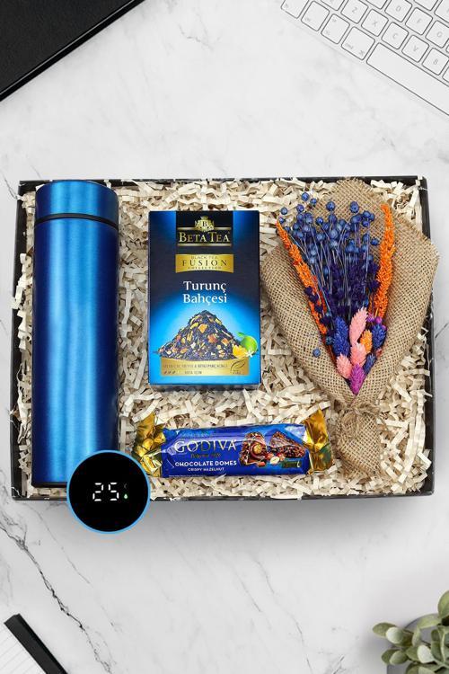 Dereceli Termos & Bitki Çayı & Godiva 30Gr Domes Çikolata & Kurutulmuş Çiçek Buketi Hediye Seti