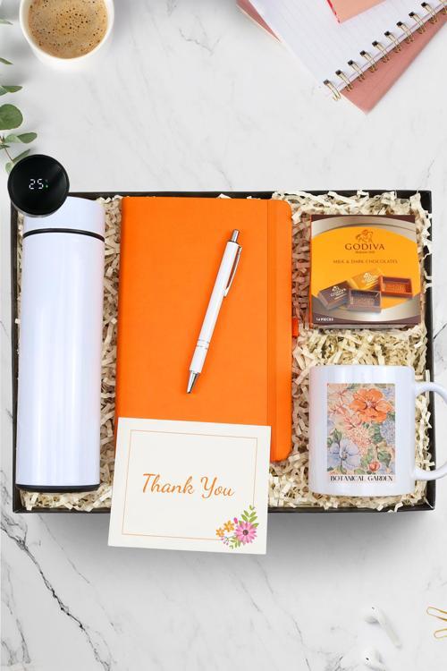 Dereceli Termos & Turuncu Defter & Kupa & Tükenmez Kalem & Godiva Çikolata Hediye Seti