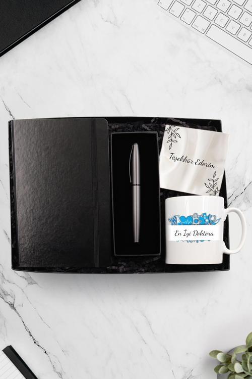 Doktorlara Özel Tasarım Kupa & Siyah Defter & Gri Metalik Roller Kalem Hediye Seti