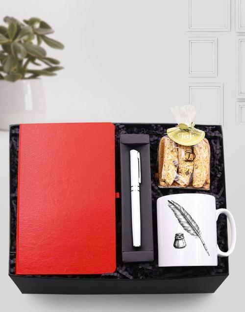 Kırmızı Defter & Bademli Kurabiye & Beyaz Roller Kalem & Divit Kalem Kupa Hediye Seti