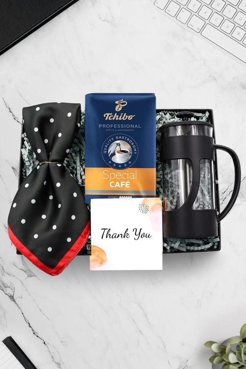 Kırmızı Siyah Puantiyeli Fular & Siyah French Press & Tchibo Special Filtre Kahve Hediye Seti