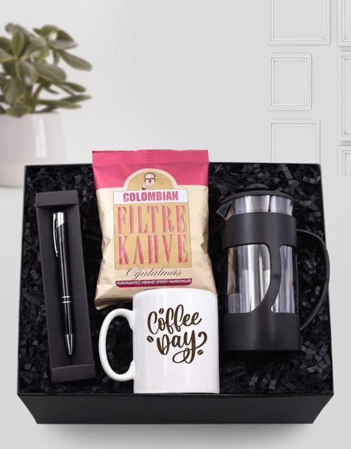 Kupa & Gümüş Detaylı Siyah Tükenmez Kalem & Siyah French Press & Colombian Filtre Kahve Hediye Seti