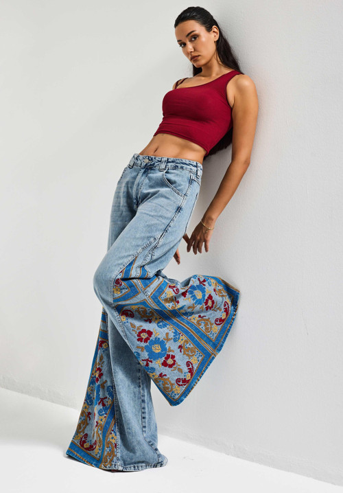 Kadın Kot Rengi 4s6-32 Palazzo Fit Özel Desen Nakışlı Tasarım Denim Jean