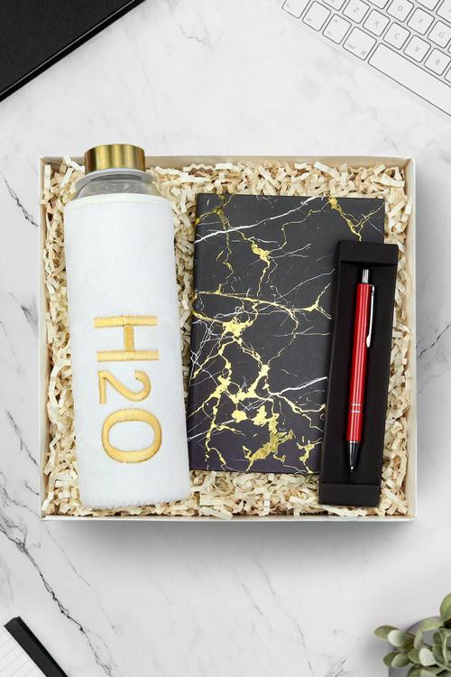 Mermer Desenli Defter Tükenmez Kalem & Özel Peluş Kılıflı Cam Matara Hediye Seti