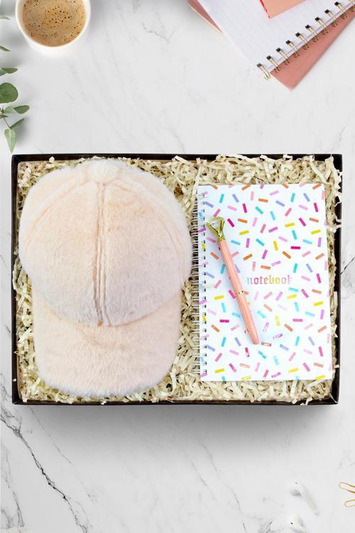 Peluş Şapka & Konfeti Defter & Diamond Kalem Hediye Seti