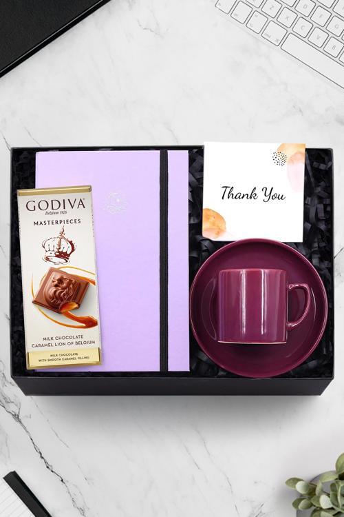 Mor Defter & Mor Fincan & Godiva Çikolata Hediye Seti