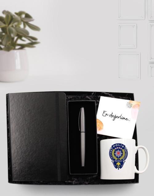 Polislere Özel Tasarım Kupa & Siyah Defter & Gri Metalik Roller Kalem Hediye Seti