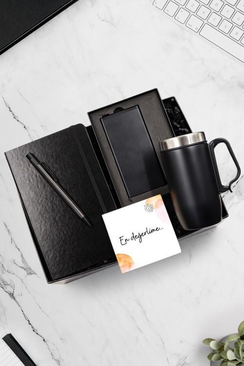 Siyah Defter & Gri Tükenmez Kalem & Siyah 10000Mah Powerbank & Kulplu 280Ml Çelik Termos Hediye Seti