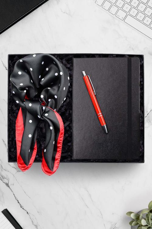 Siyah Defter & Gümüş Renk Detaylı Tükenmez Kalem & Kırmızı Siyah Renk Puantiyeli Fular Hediye Seti