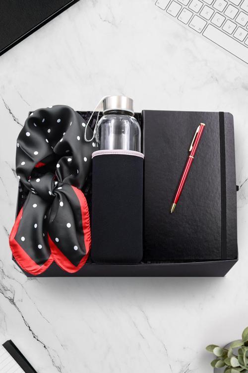 Siyah Defter & Kırmızı Tükenmez Kalem & Siyah Kılıflı Matara & Puantiyeli Fular Hediye Seti