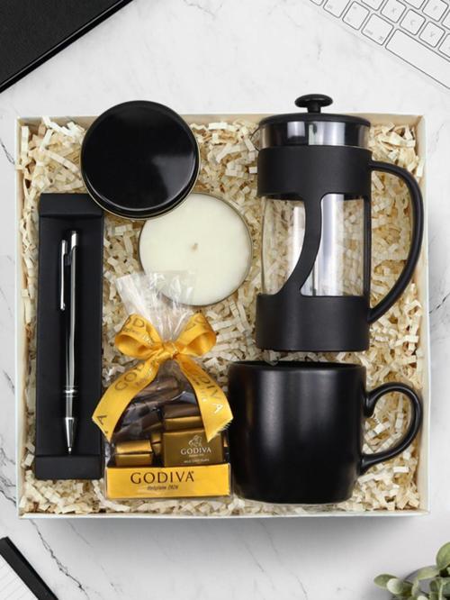 Siyah French Press & Metal Mum & Godiva Çikolata & Tükenmez Kalem & Siyah Mat Kupa Hediye Seti