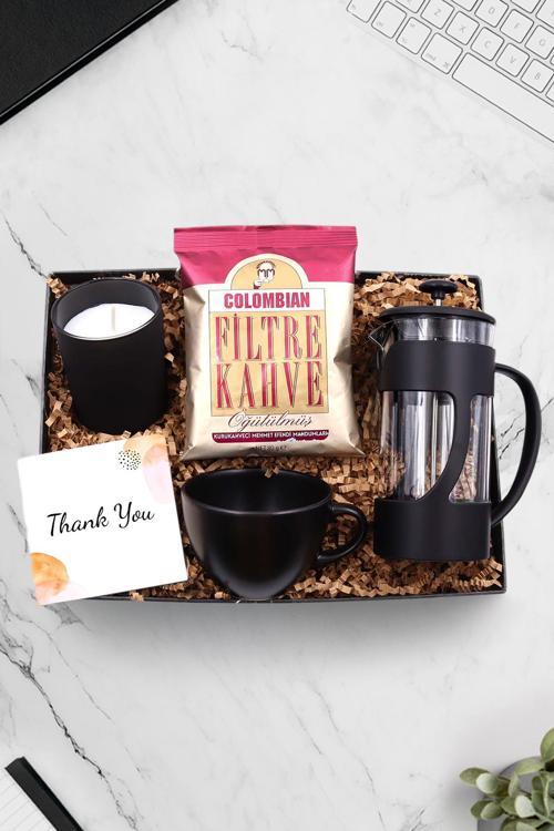 Siyah French Press & Siyah Kupa & Colombian Filtre Kahve & Vanilya Kokulu Bardak Mum Hediye Seti