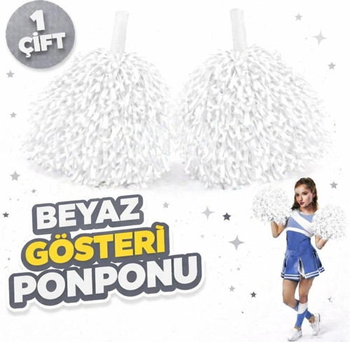 1 Çift ( 2 Adet ) Beyaz Renk 23 Nisan 19 Mayıs 29 Ekim Okul Gösteri Ponponları Ekstra Dolgun