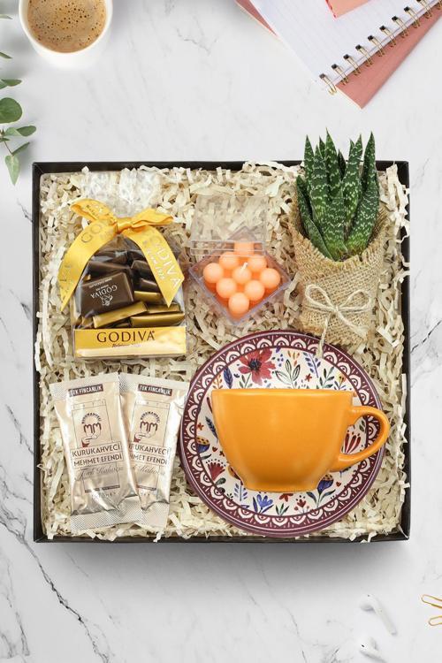 Sukulent & Fincan & Kutu Bubble Mum & 2'Li Tek İçimlik Türk Kahve & Godiva Naps Çikolata Seti