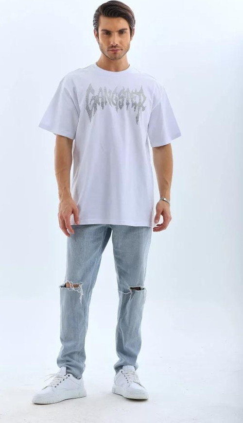 Unisex Oversize Taşlı Bisiklet Yaka TShirt