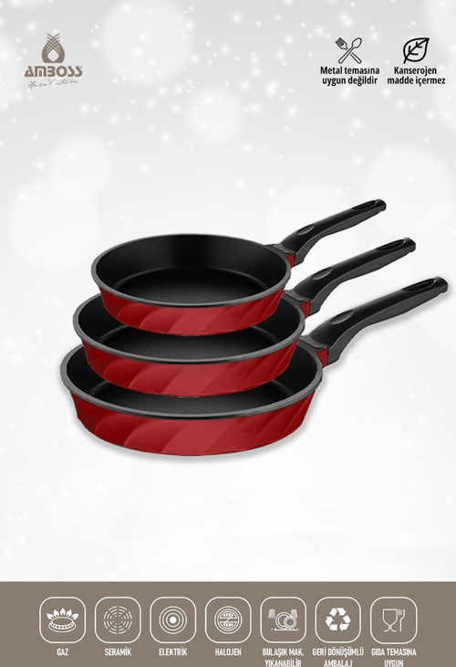 Paris 3 Parça Döküm Titanyum Kaplama Tava Seti Kırmızı