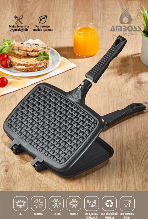 Kuv-0274 Kuvars Ocak Üstü Döküm El Tost Makinesi-Siyah