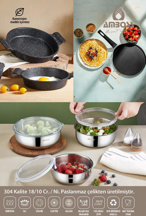 9 Parça Siesta Paslanmaz Çelik Saklama Kabı Sahan Set & Krep Tava