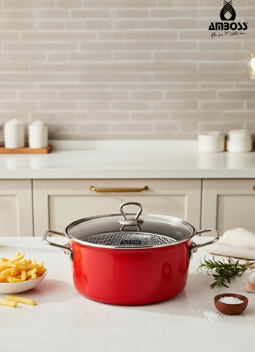 Crispella 22 Cm Cam Kapaklı Emaye Kızartma Tenceresi