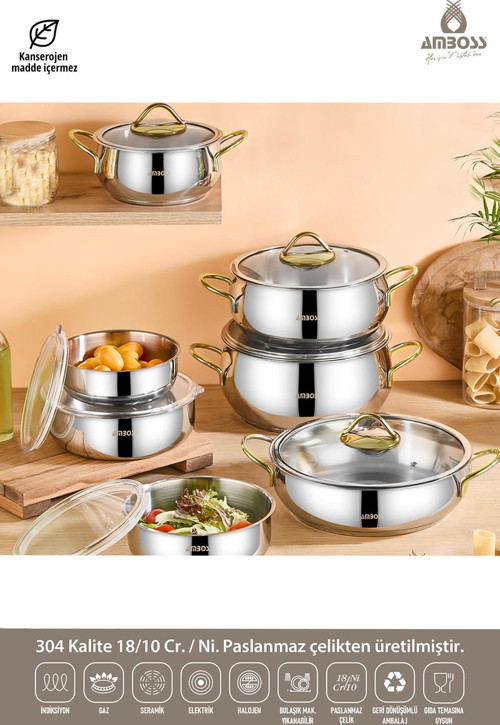 14 Parça Hot Prime İndüksiyon Uyumlu Paslanmaz Çelik Tencere Seti & Çelik Saklama Kabı