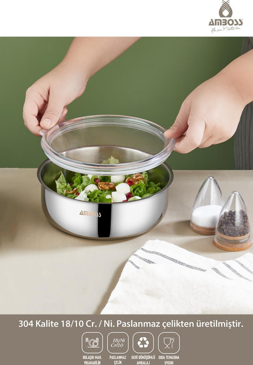 Steelbox 2 Parça Paslanmaz Çelik Şeffaf Kapaklı Saklama Kabı 18 Cm