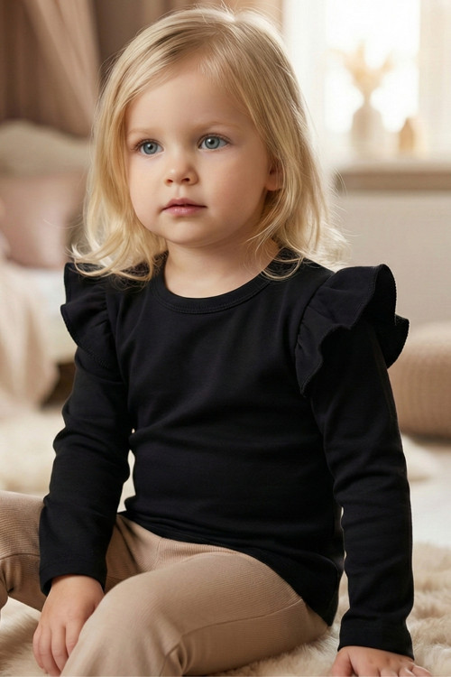 Kız Bebek Siyah Omuz Fırfırlı Bisiklet Yaka Body Sweatshirt