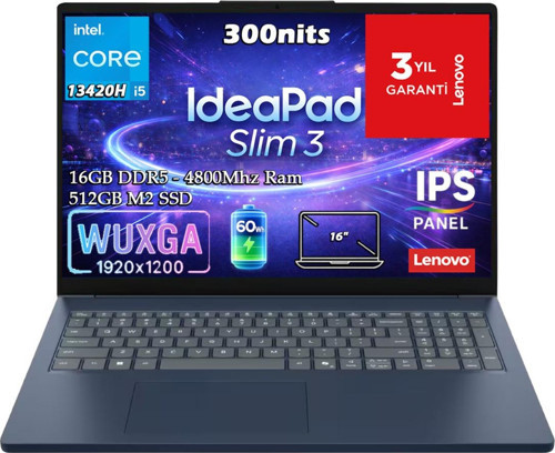 IdeaPad Slim 3 16IRH10 Intel Core i5-13420H 16GB 512GB SSD 16" WUXGA IPS Panel Fdos 83K20009TR