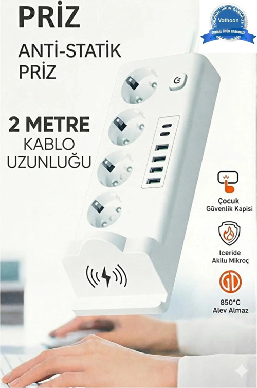 Akım Korumalı Priz Ve Masaüstü Şarj İstasyonu Kablosuz 4 Priz ,4 Usb, 2 Type-C Girişli 2 Metre