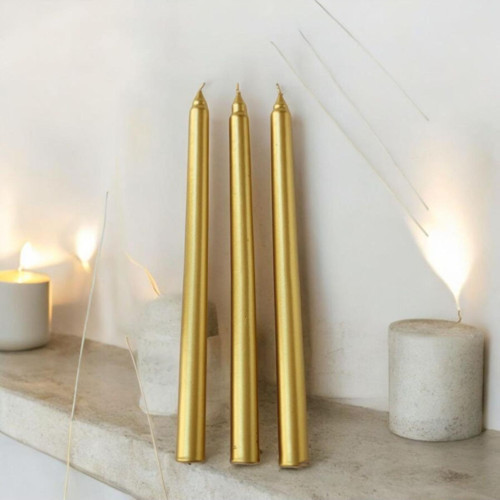 3'lü Metalik Gold Şamdan Mum-Konik Mum