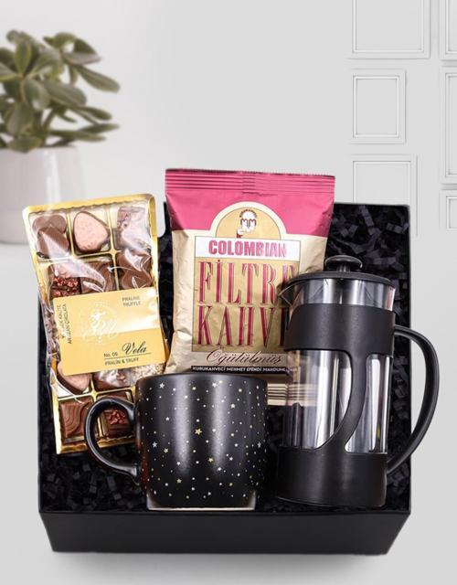 Yıldızlı Kupa Siyah French Press Colombian Taze Filtre Kahve Vela Çikolata Hediye Seti