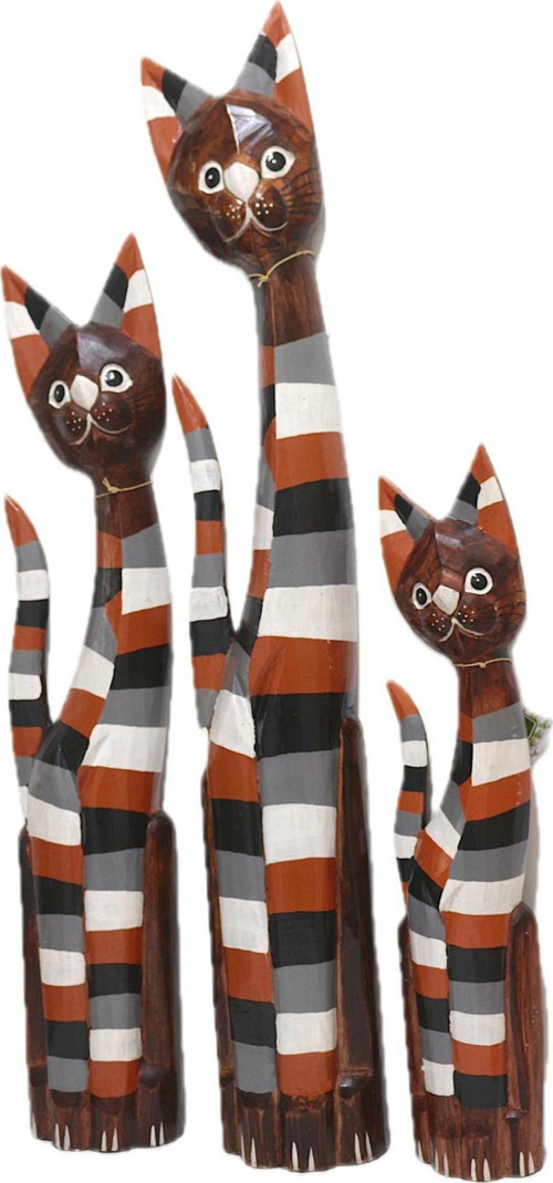 AHŞAP OTANTİK 3 LÜ ÇİZGİLİ KEDİ 100CM ALBIZIA WOOD 100_80_60 DEKORATİF AHŞAP KEDİ