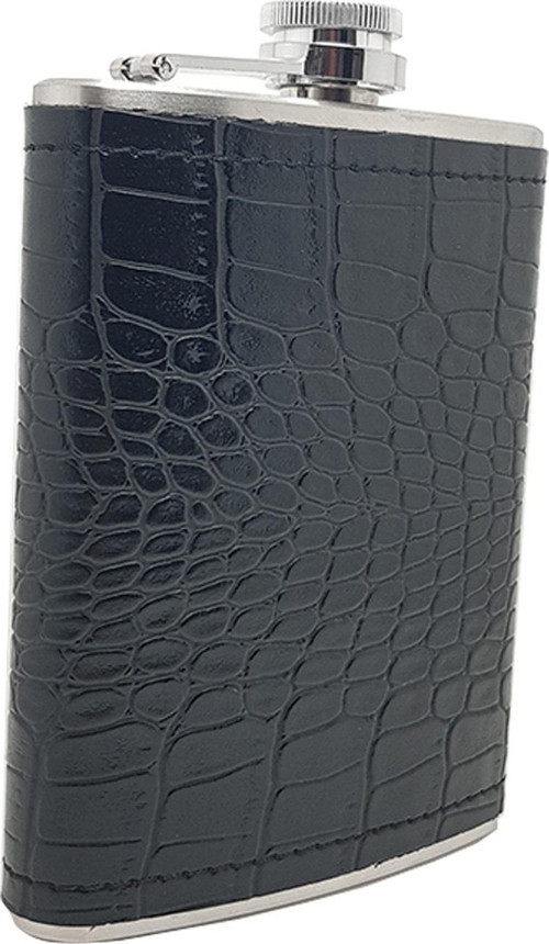 Çelik Üzeri Siyah Kroki Deri Kaplı 8 oz 240 ml içki Matarası kb03