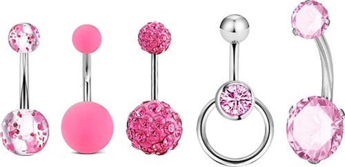 5 adet Pembe Cerrahi Çelik Göbek Piercing en45pm