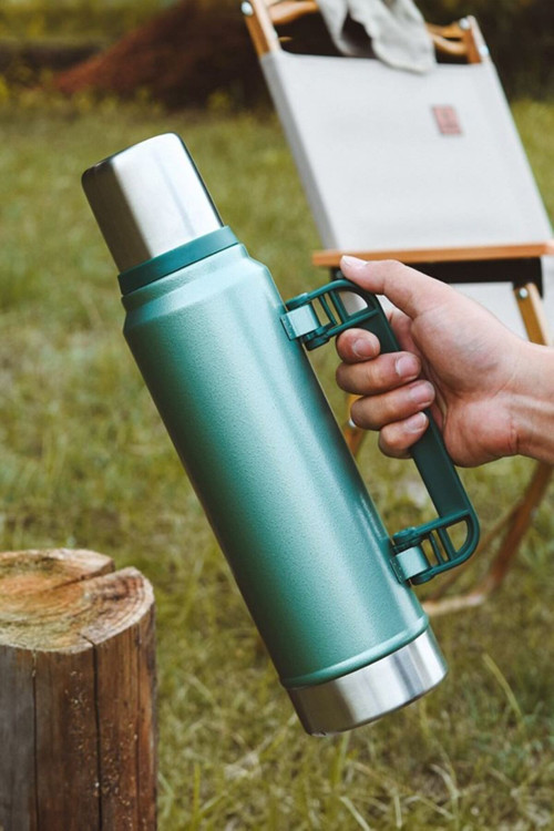 304L Çelik 1,4 L Yeşil Hammertone Kamp Piknik Sıcak Soğuk Kulplu Termos cin916ys