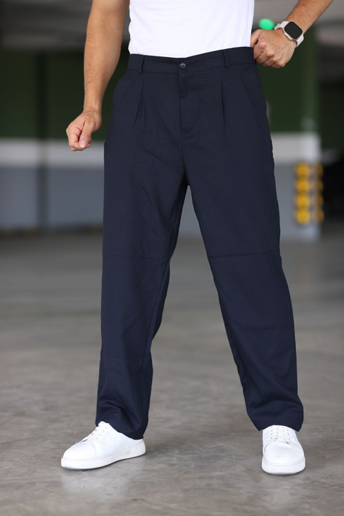 Baggy Çift Pileli LACİVERT Renk Beli Lastikli Kaliteli Rahat Kesim Klasik Bol Paça Baggy Pantolon