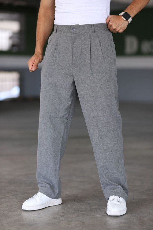 Çift Pileli Okul Grisi Beli Lastikli Rahat Kesim Klasik Bol Paça Baggy Pantolon